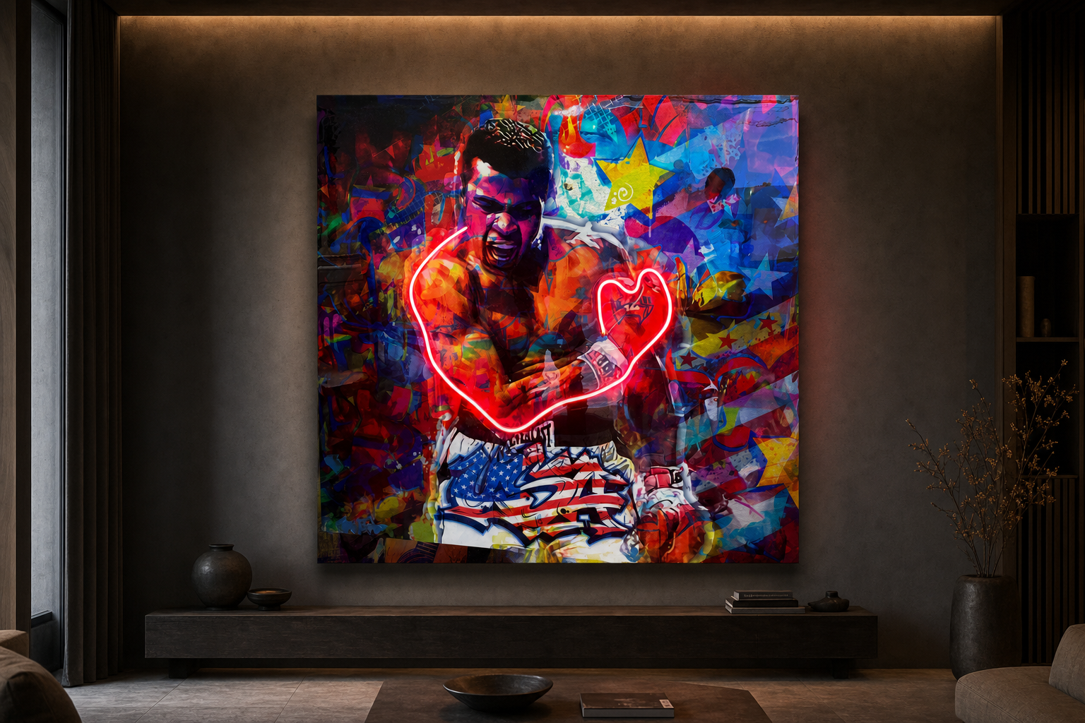 Benzo Muhammad Ali holographic aluminum and neon artwork displayed in a refined interior