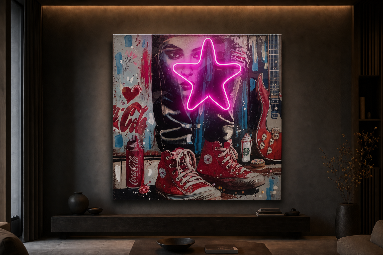 Benzo neon star dimensional mixed-media artwork displayed in a refined interior